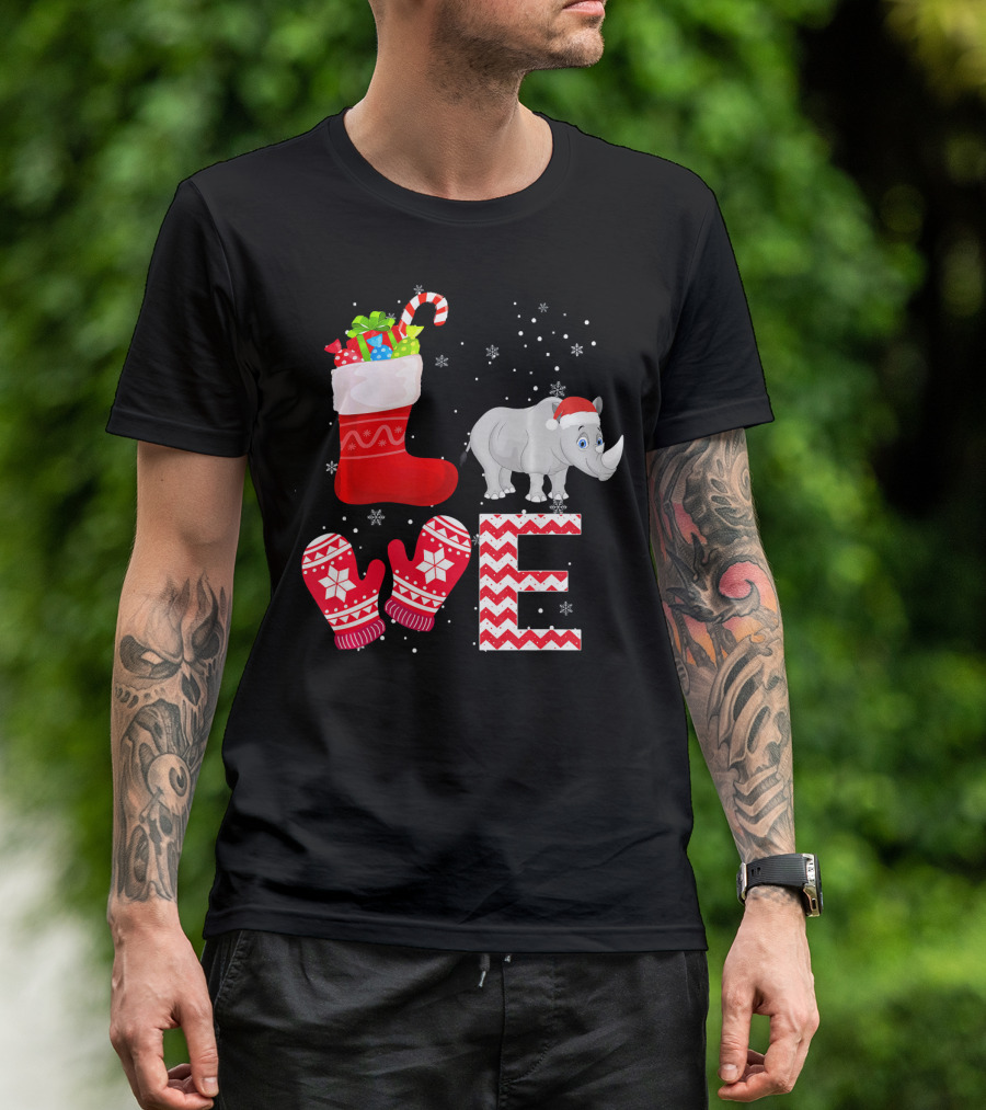 Funny Christmas Rhino Santa Hat Stocking Gift Love T-Shirt