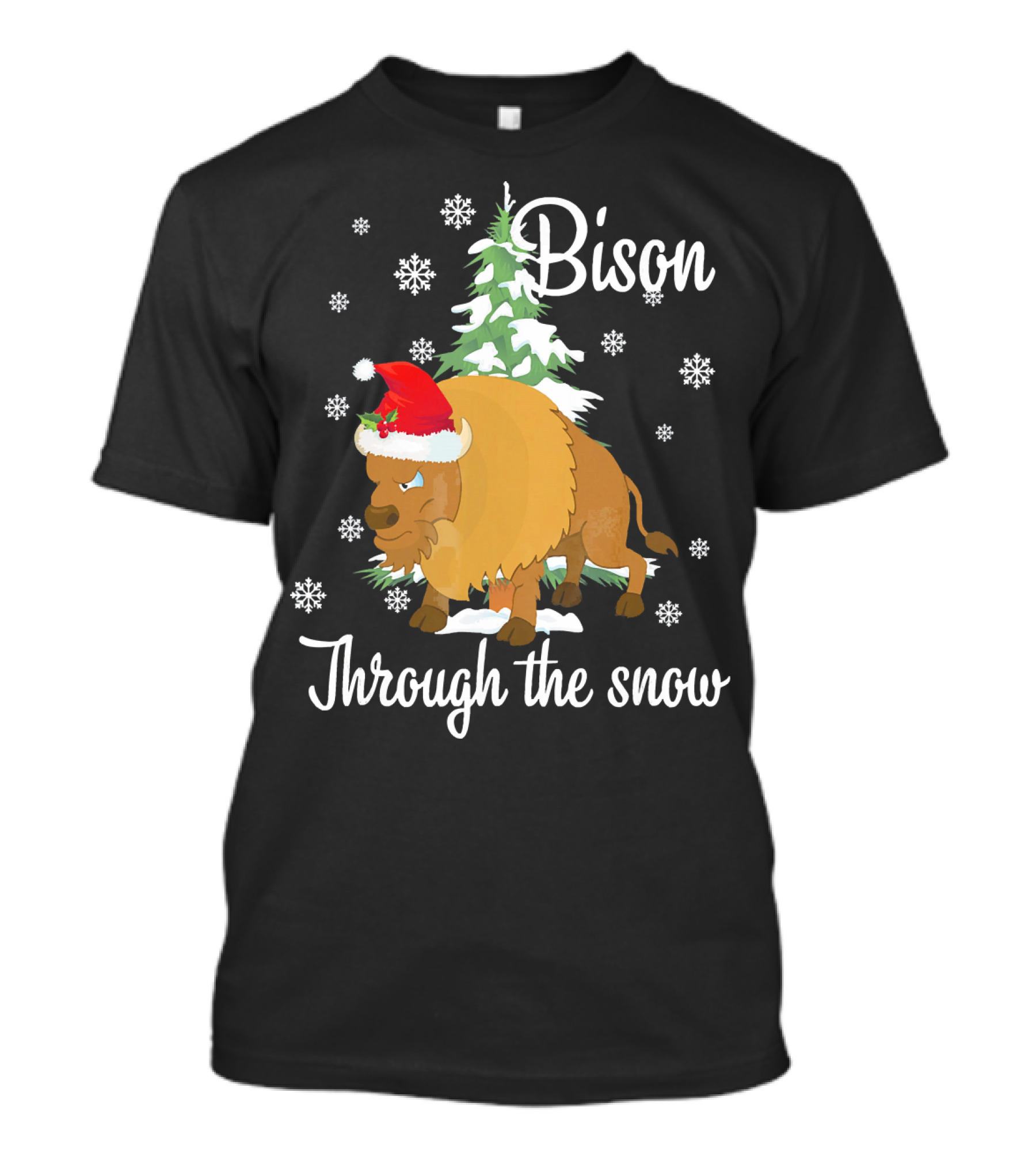 Bison Through The Snow With Santa Hat And Snowflakes T-Shirt