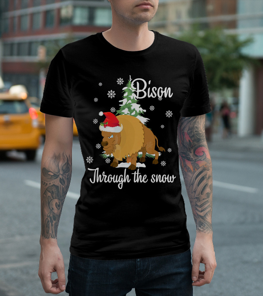 Bison Through The Snow With Santa Hat And Snowflakes T-Shirt