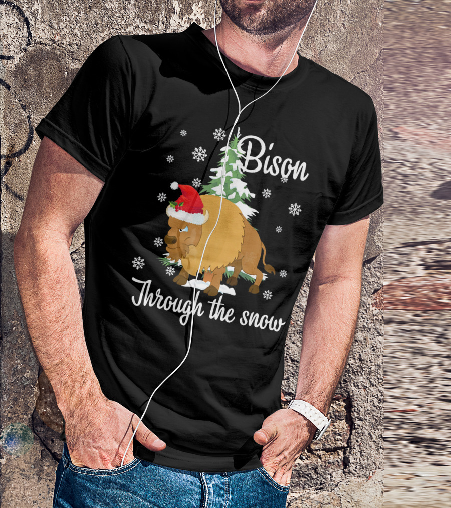Bison Through The Snow With Santa Hat And Snowflakes T-Shirt