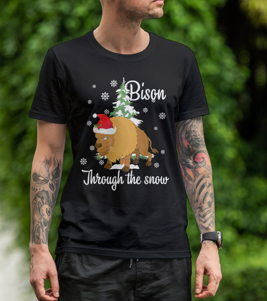 Bison Through The Snow With Santa Hat And Snowflakes T-Shirt