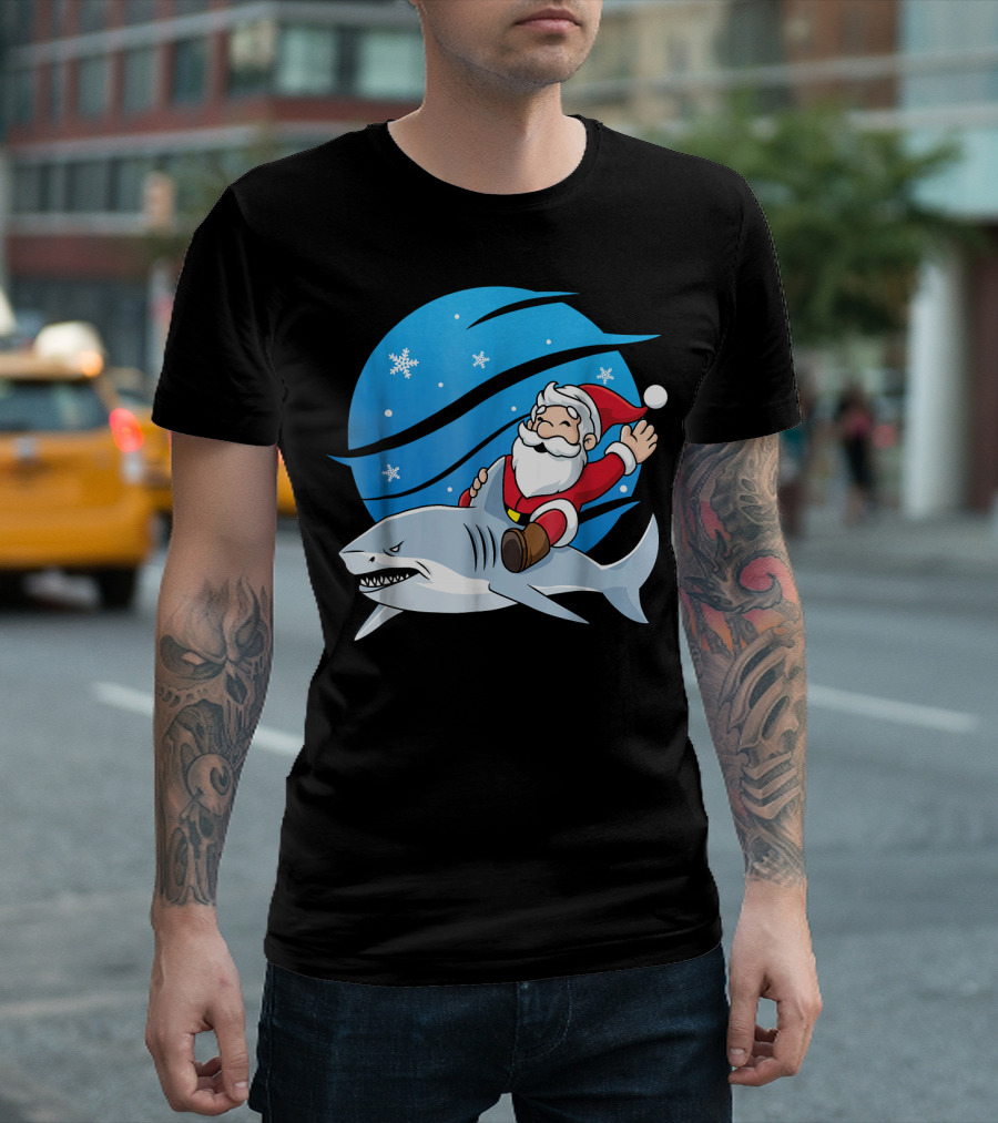 Santa Claus Riding Shark Under Snowflakes in Blue Circle T-Shirt