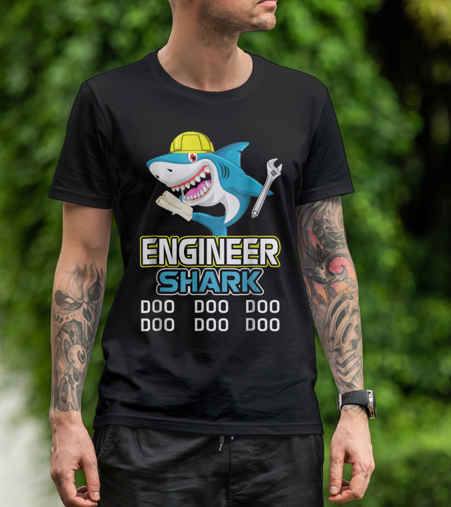 Engineer Shark Hard Hat Wrench Blueprint Doo Doo Doo T-Shirt