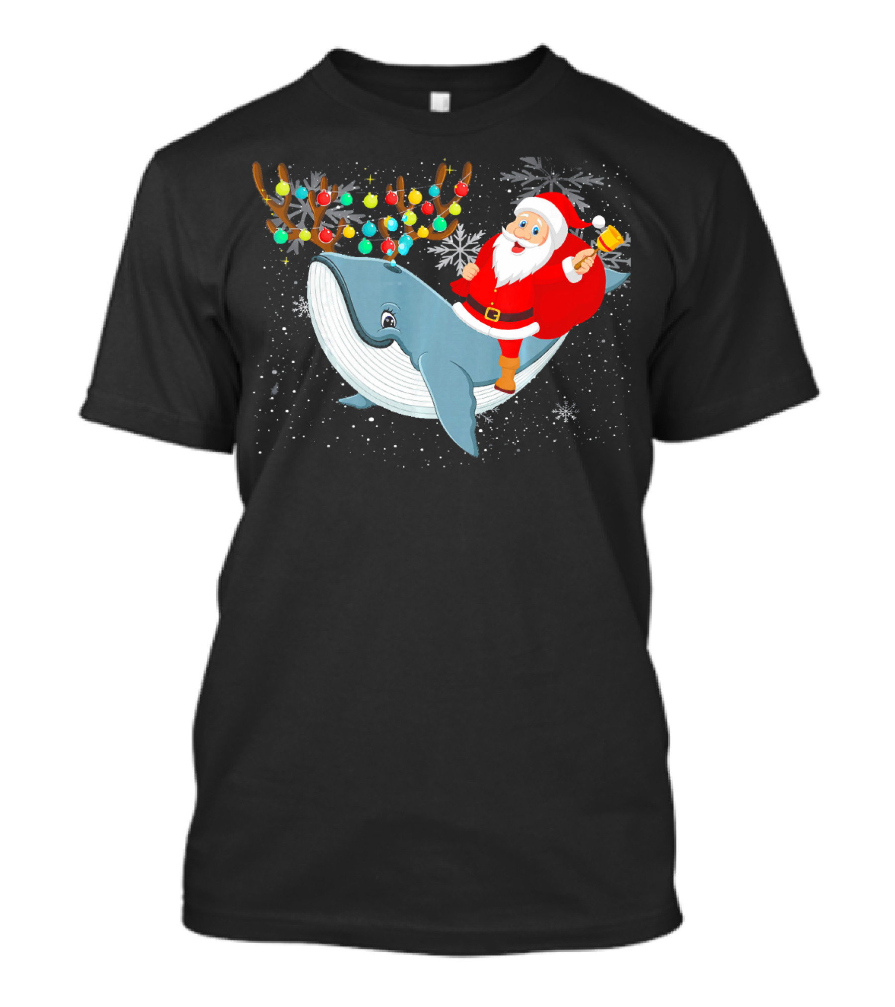 Santa Claus Riding Whale With Festive Reindeer Antlers And Christmas Lights T-Shirt