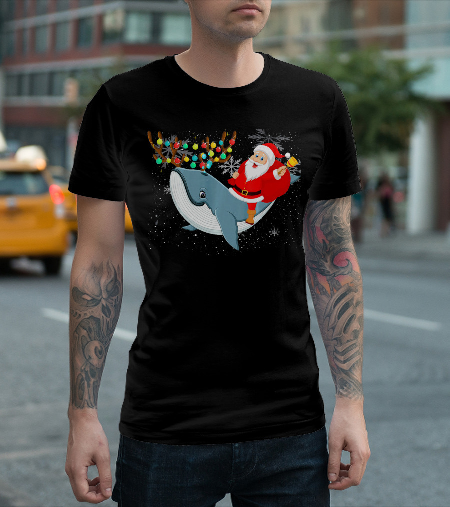 Santa Claus Riding Whale With Festive Reindeer Antlers And Christmas Lights T-Shirt