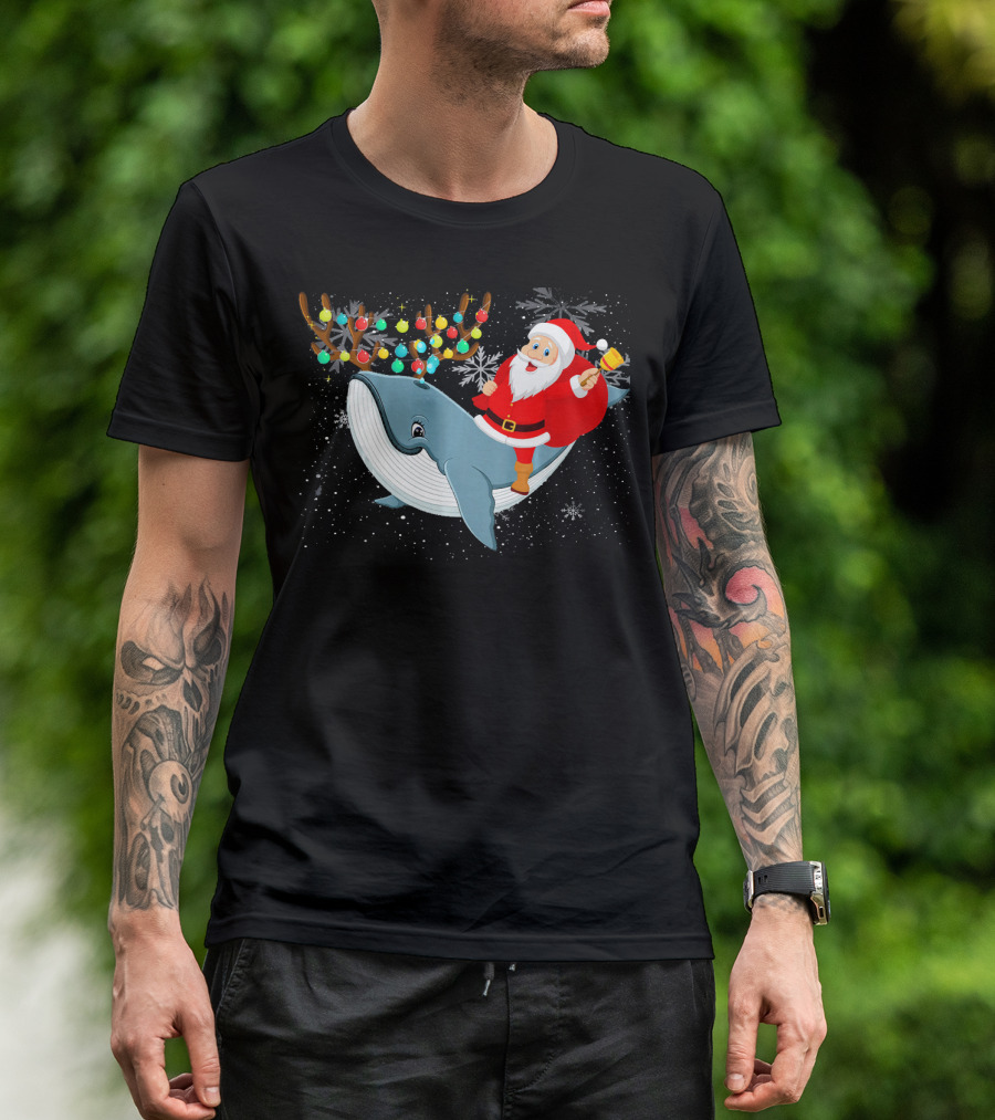 Santa Claus Riding Whale With Festive Reindeer Antlers And Christmas Lights T-Shirt