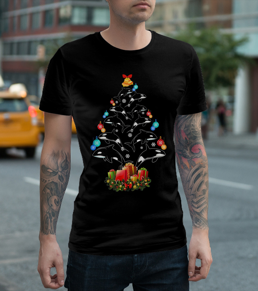 Funny Orca Whale Christmas Tree with Presents and Ornaments T-Shirt