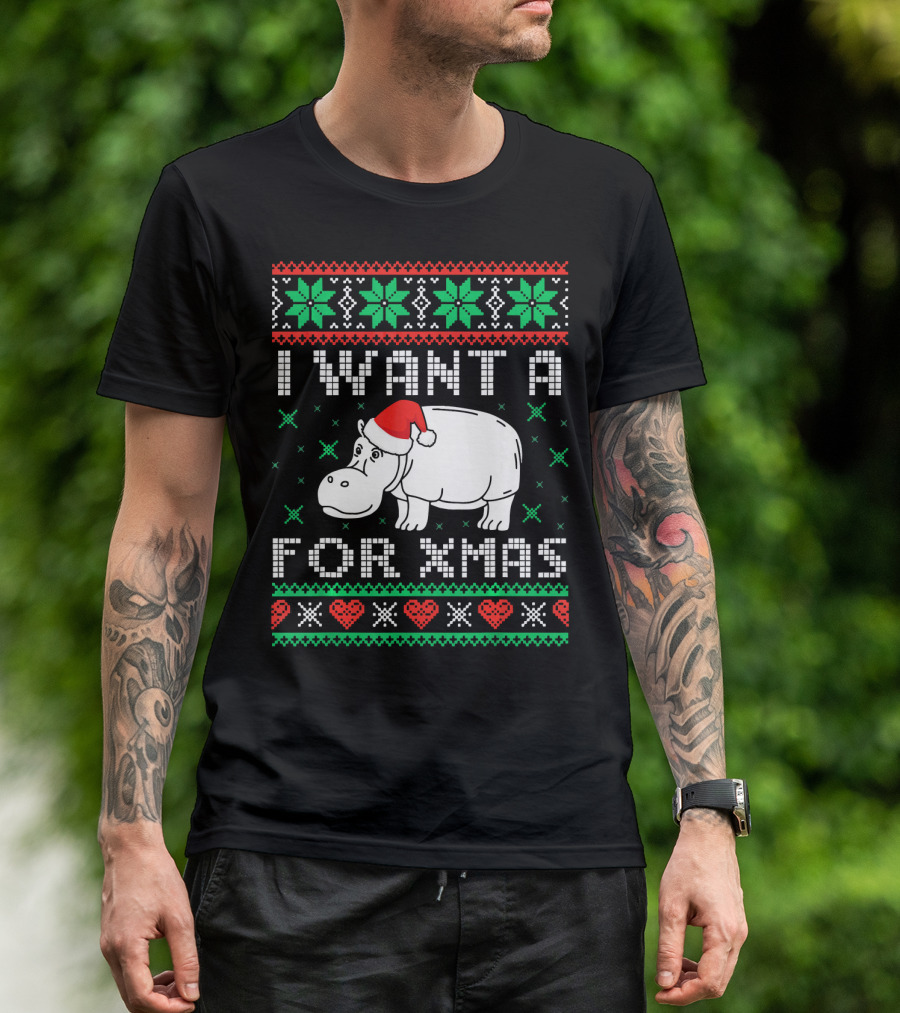 Funny Xmas I Want A Hippopotamus For Christmas Santa Hat Holiday T-Shirt