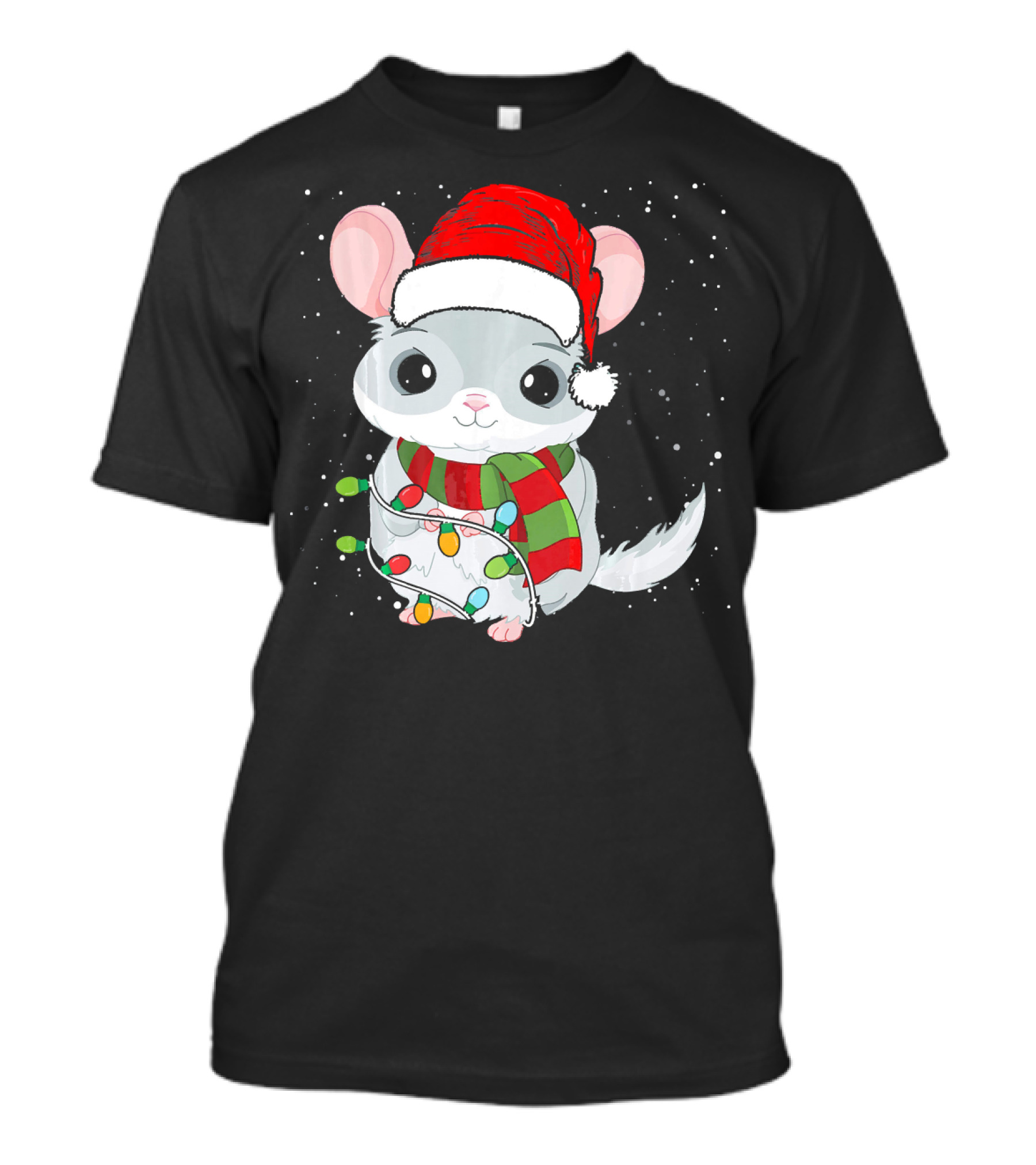 Chinchilla In Christmas Lights Wearing Santa Hat With Snowflakes T-Shirt