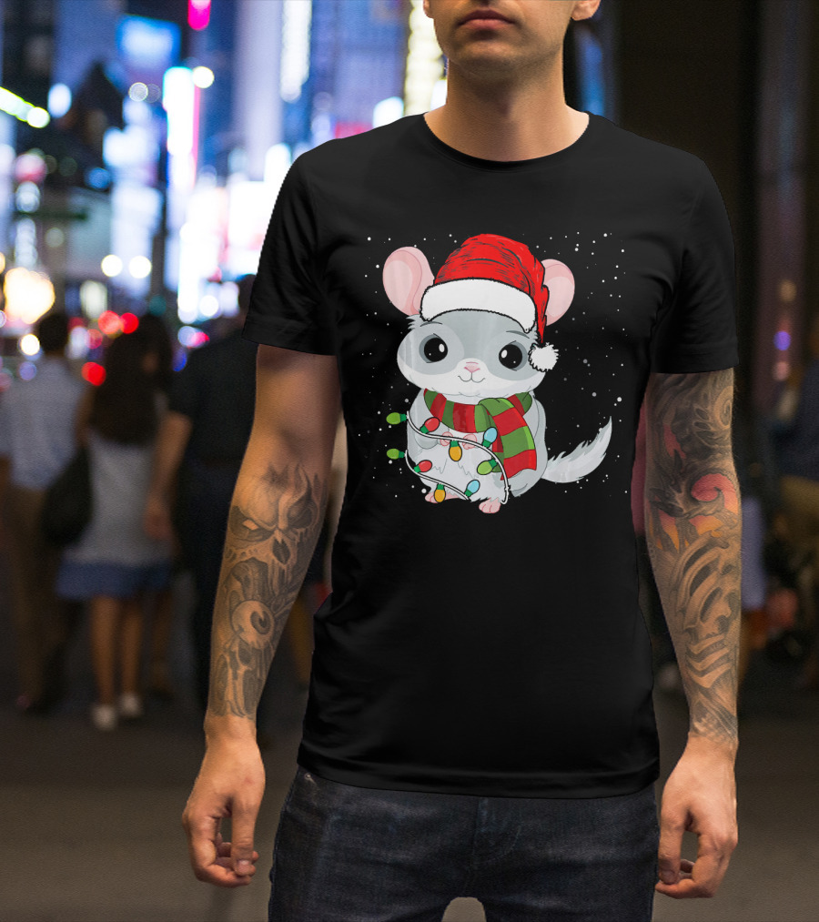 Chinchilla In Christmas Lights Wearing Santa Hat With Snowflakes T-Shirt