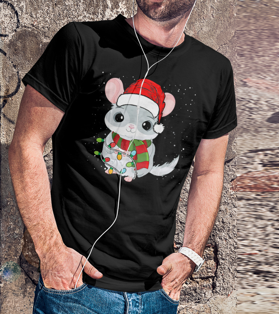 Chinchilla In Christmas Lights Wearing Santa Hat With Snowflakes T-Shirt