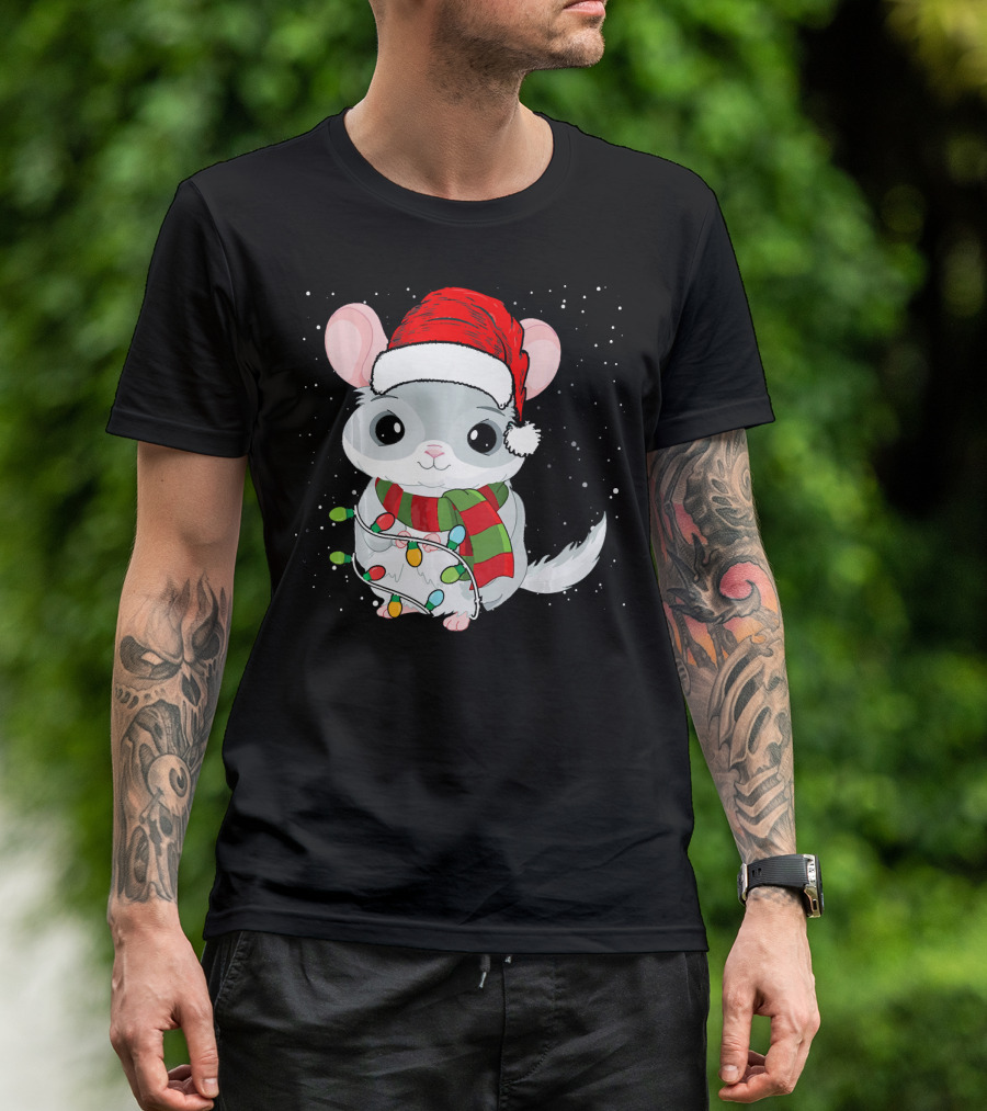 Chinchilla In Christmas Lights Wearing Santa Hat With Snowflakes T-Shirt