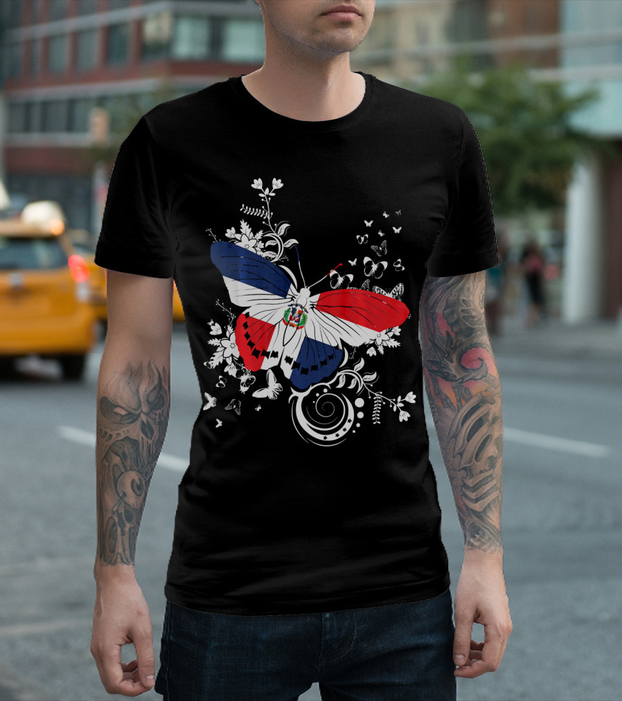 Dominican Republic Flag Butterfly with Floral Accents T-Shirt