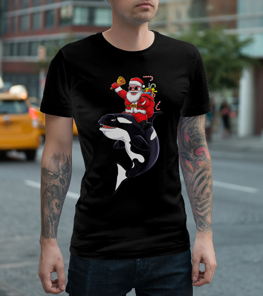 Santa Claus Riding Orca Whale Holding Bell With Gifts And Candy Canes T-Shirt