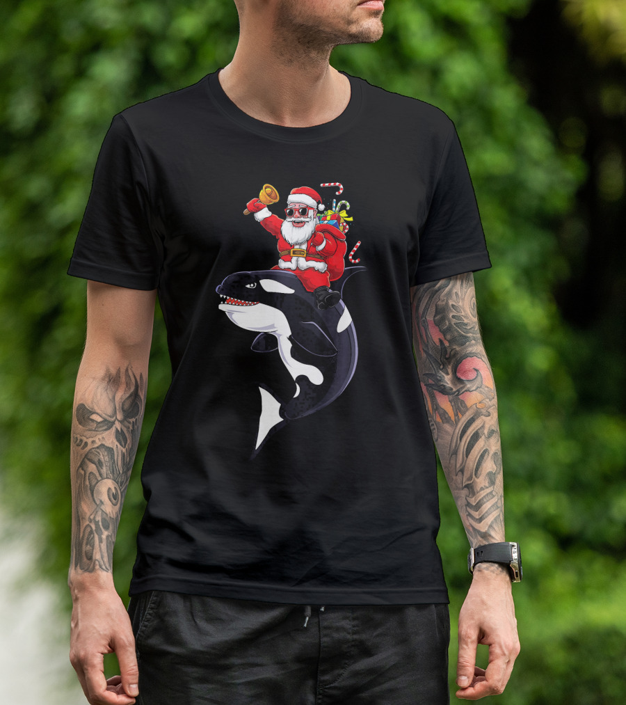 Santa Claus Riding Orca Whale Holding Bell With Gifts And Candy Canes T-Shirt