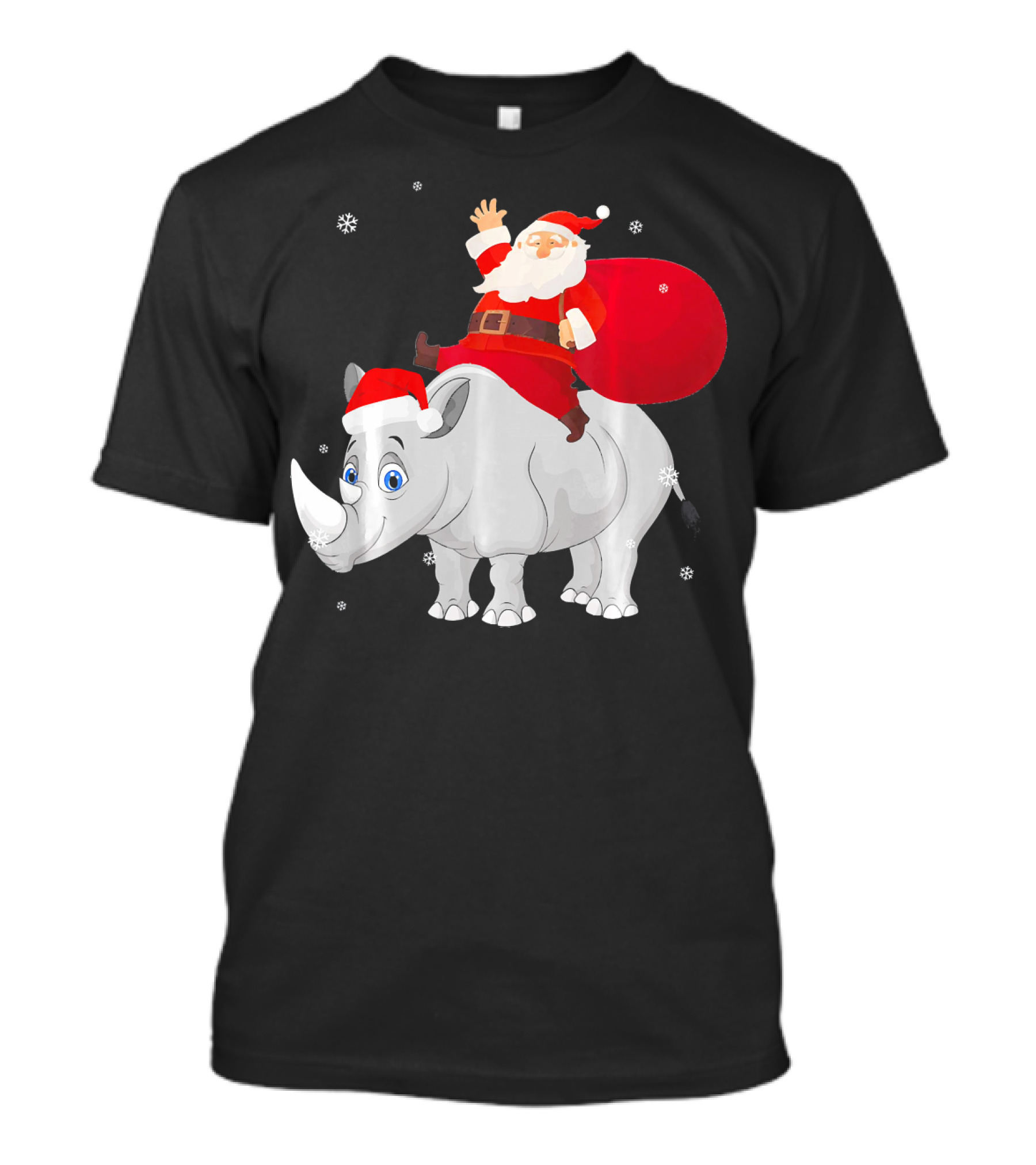 Santa Claus Waving Riding A Rhino With Red Bag T-Shirt