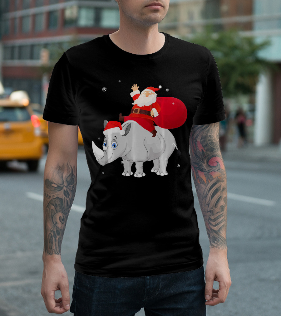Santa Claus Waving Riding A Rhino With Red Bag T-Shirt