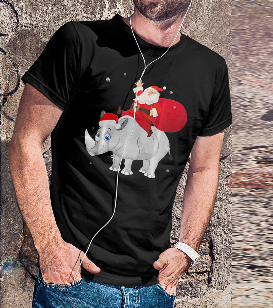 Santa Claus Waving Riding A Rhino With Red Bag T-Shirt