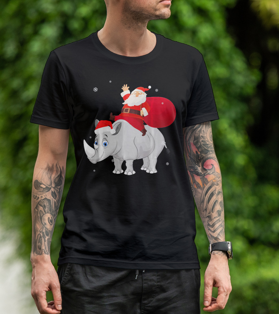 Santa Claus Waving Riding A Rhino With Red Bag T-Shirt