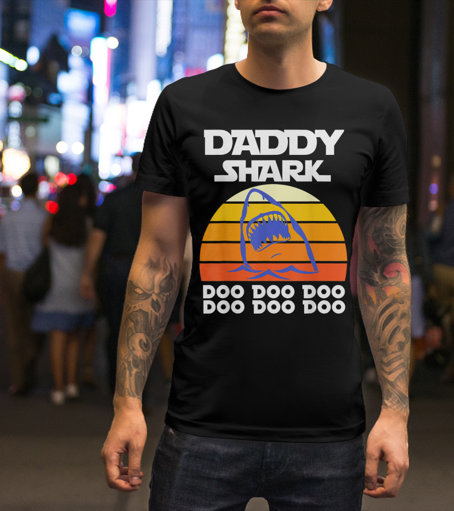 Daddy Shark Doo Doo Doo Retro Sunset Shark Jaws T-Shirt
