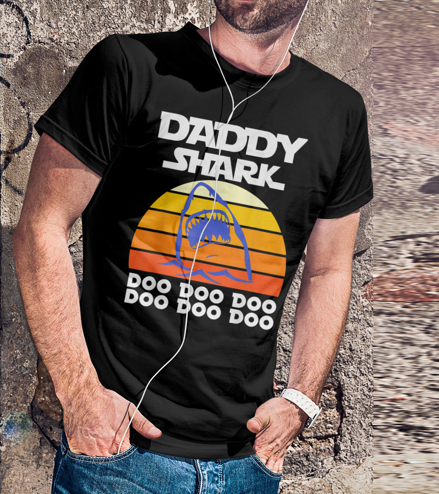 Daddy Shark Doo Doo Doo Retro Sunset Shark Jaws T-Shirt