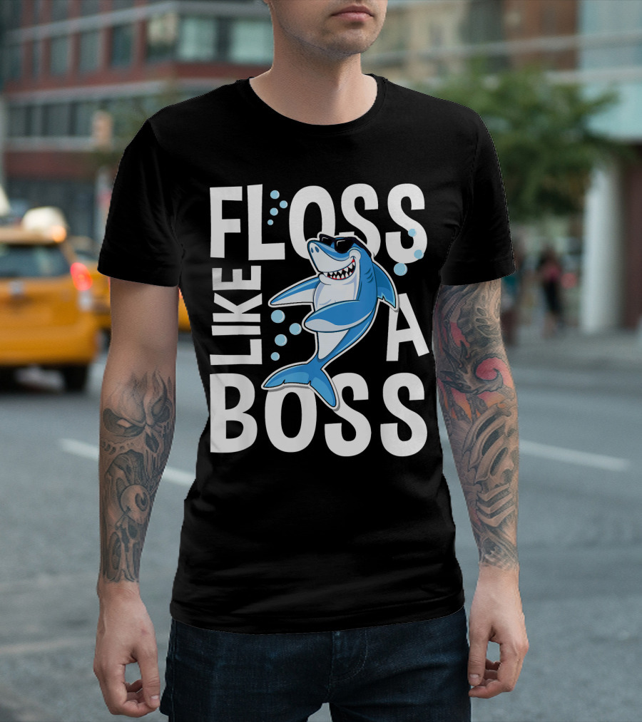 Floss Like A Boss Shark Cartoon With Sunglasses And Bubbles T-Shirt
