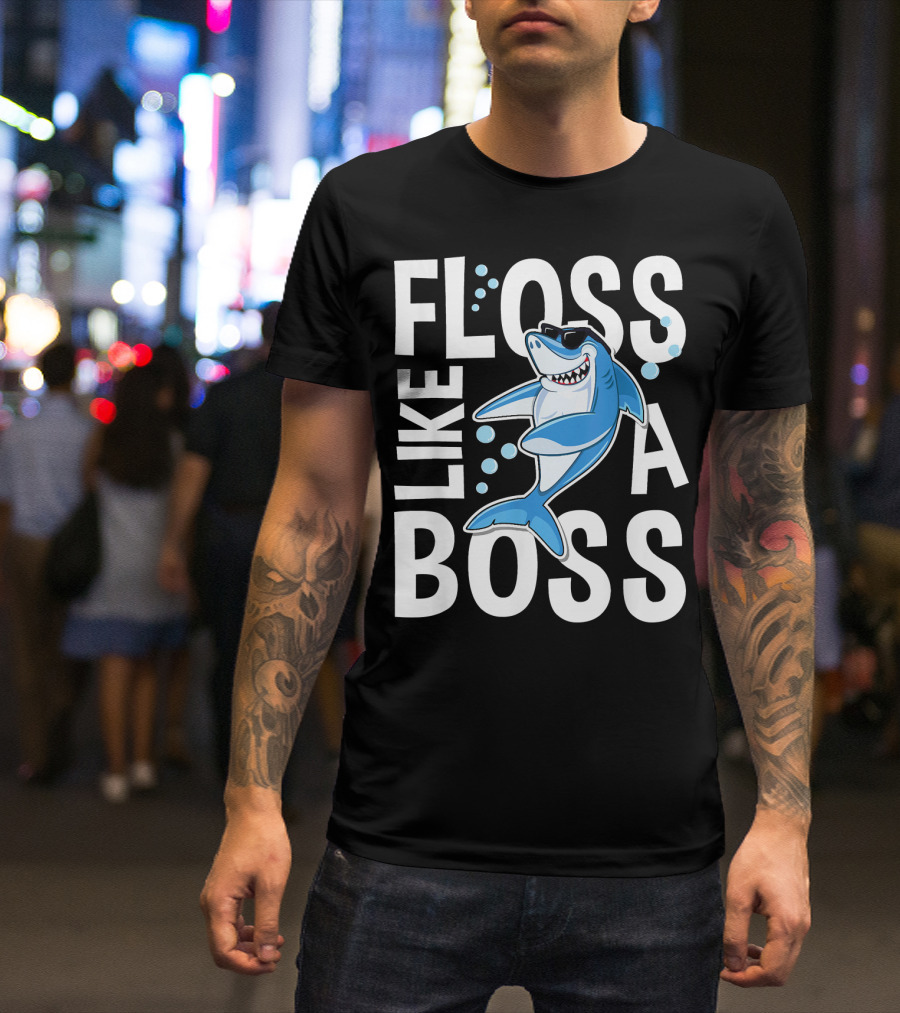 Floss Like A Boss Shark Cartoon With Sunglasses And Bubbles T-Shirt