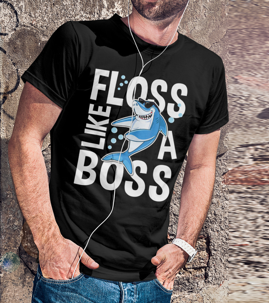 Floss Like A Boss Shark Cartoon With Sunglasses And Bubbles T-Shirt