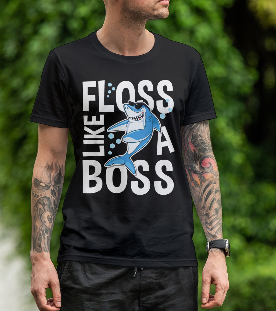 Floss Like A Boss Shark Cartoon With Sunglasses And Bubbles T-Shirt