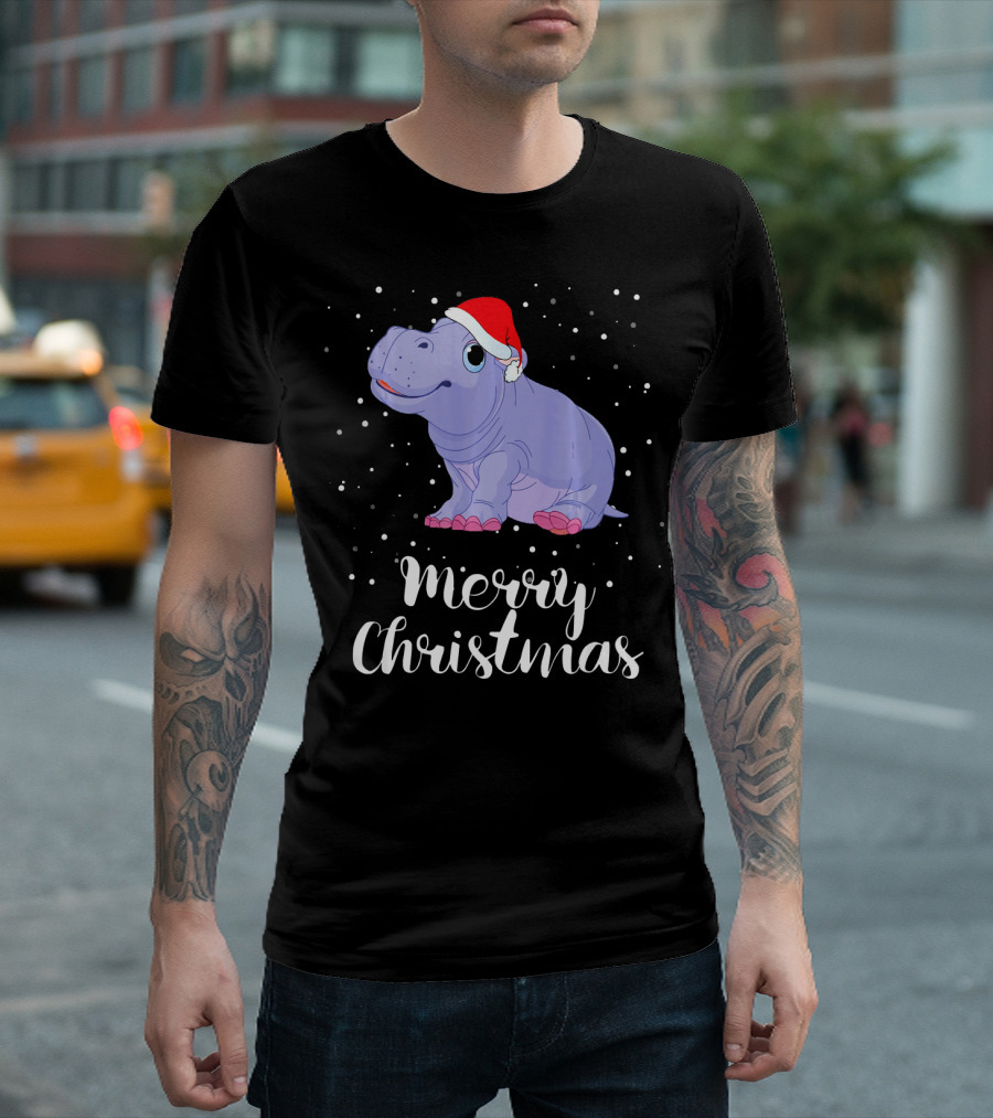 Merry Christmas Hippopotamus Wearing Santa Hat T-Shirt