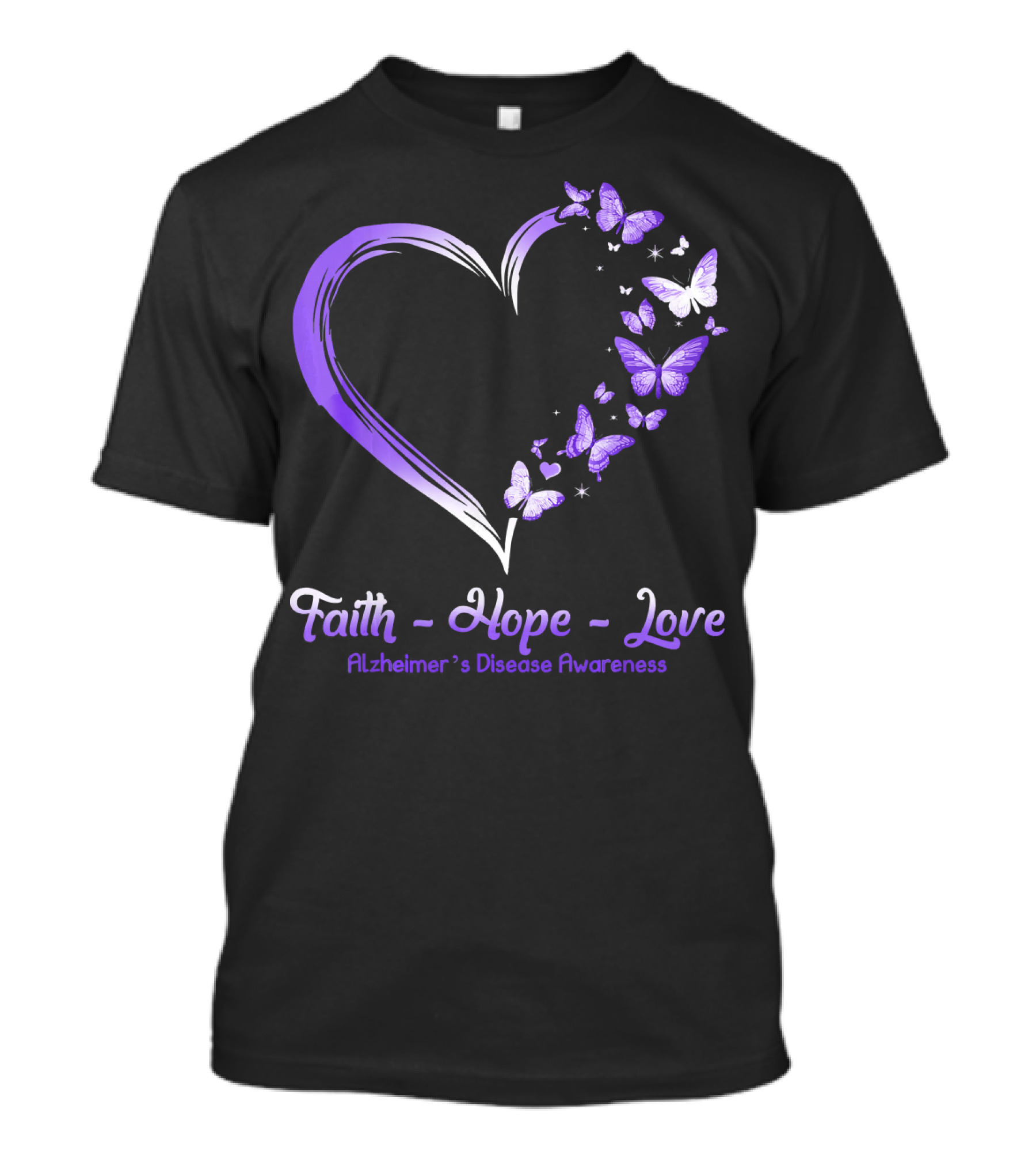 Faith Hope Love Alzheimer's Disease Awareness Heart With Purple Butterfly T-Shirt