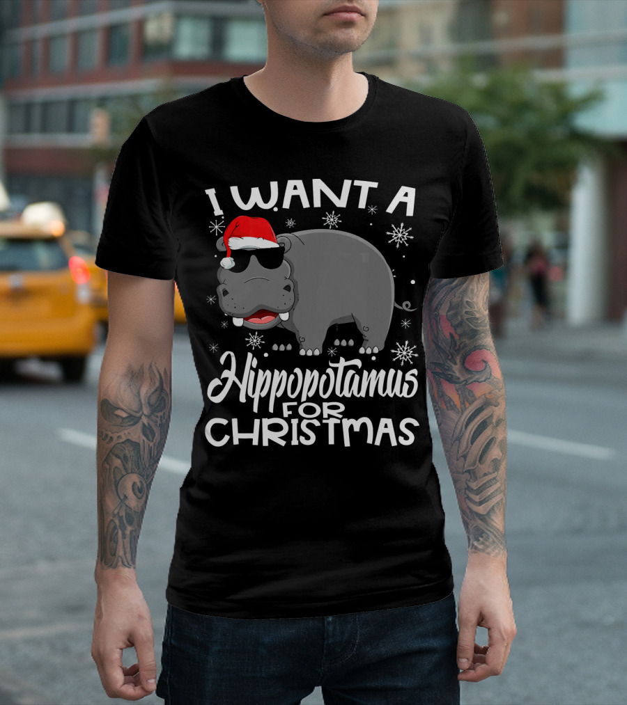 I Want a Hippopotamus for Christmas Sunglass Santa Hat Snowflakes T-Shirt