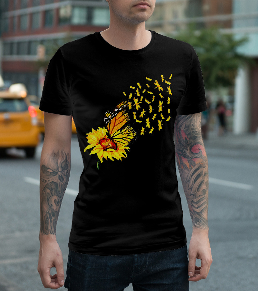 Butterfly on Sunflower with Dragonflies in Flight T-Shirt