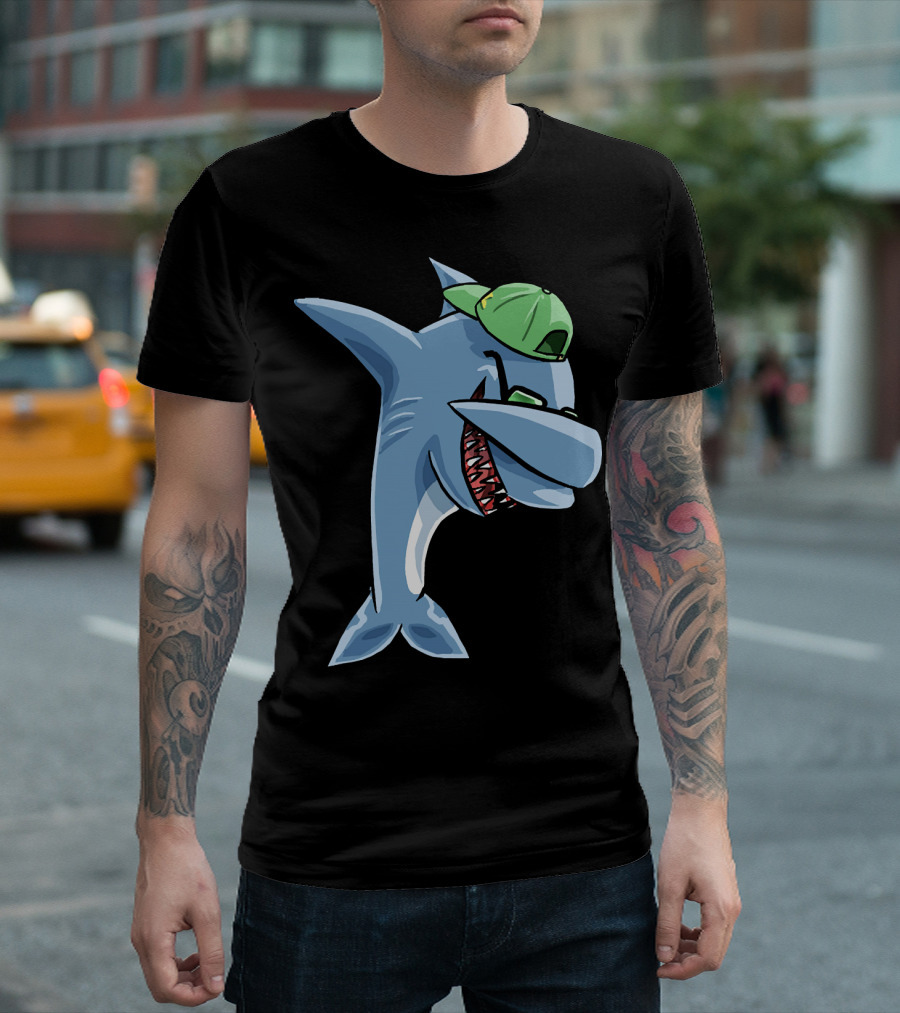 Funny Dabbing Shark Wearing Green Cap And Sunglasses T-Shirt