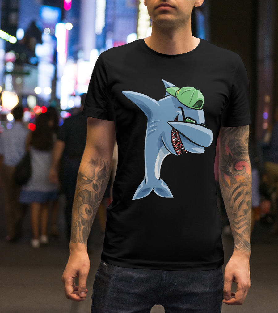 Funny Dabbing Shark Wearing Green Cap And Sunglasses T-Shirt