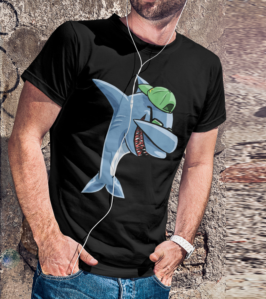 Funny Dabbing Shark Wearing Green Cap And Sunglasses T-Shirt