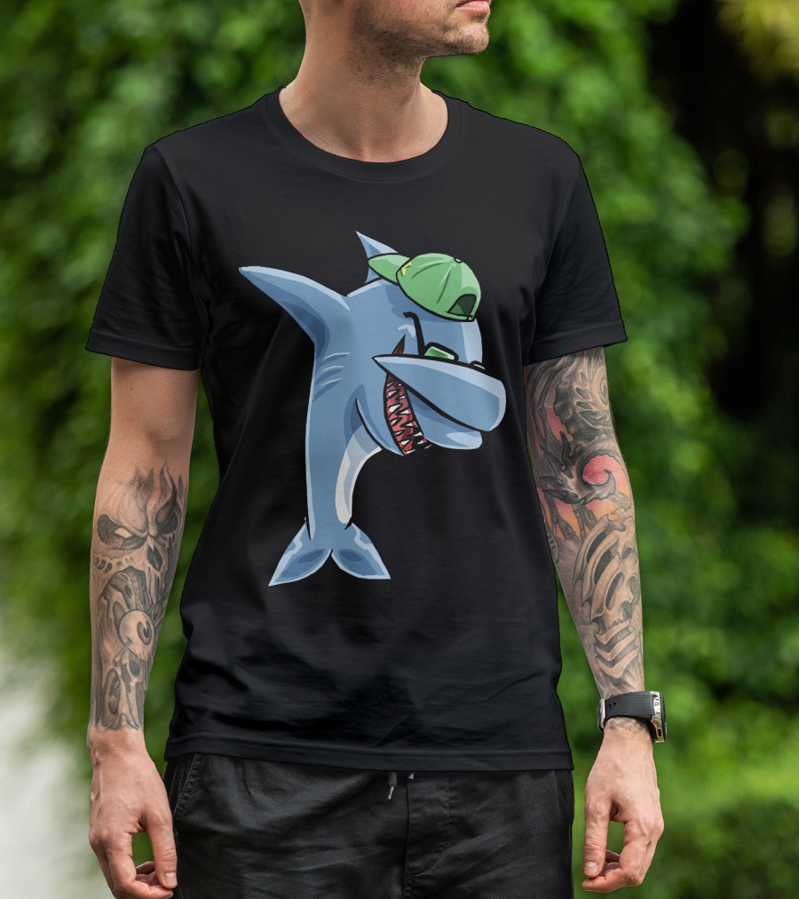 Funny Dabbing Shark Wearing Green Cap And Sunglasses T-Shirt