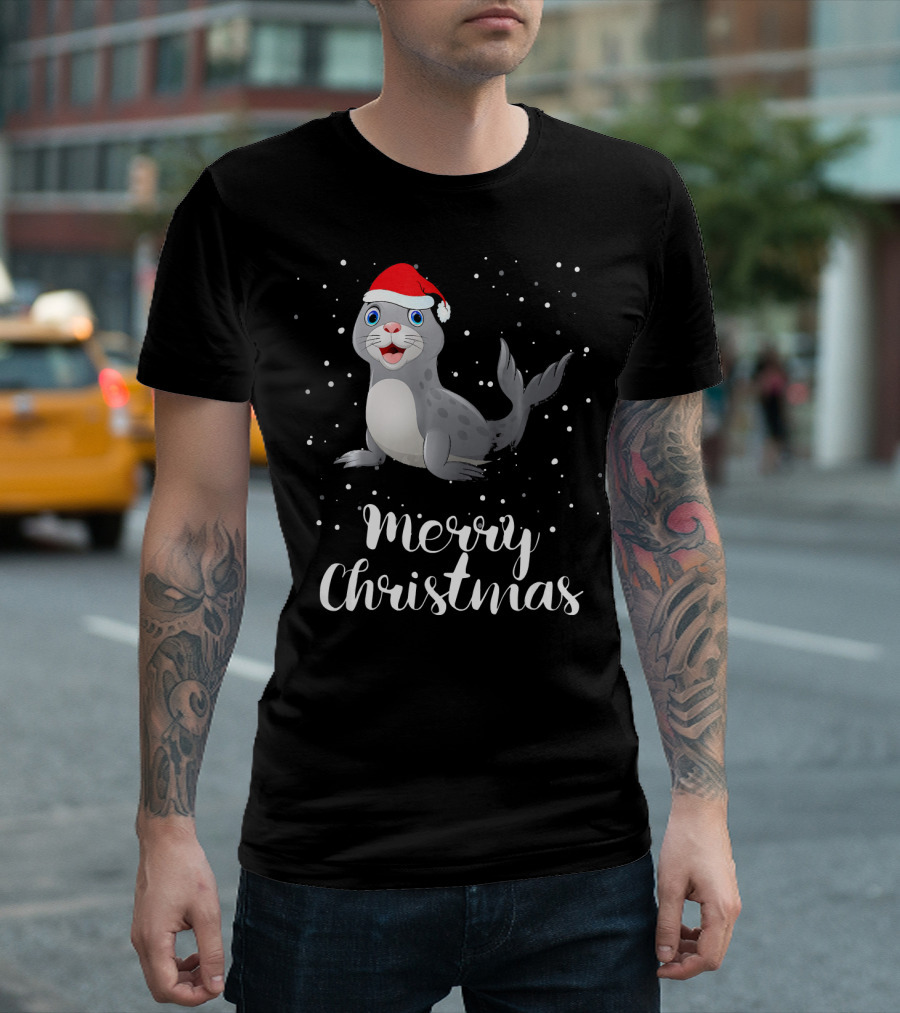Merry Christmas Seal Wearing Santa Hat with Snowflakes T-Shirt