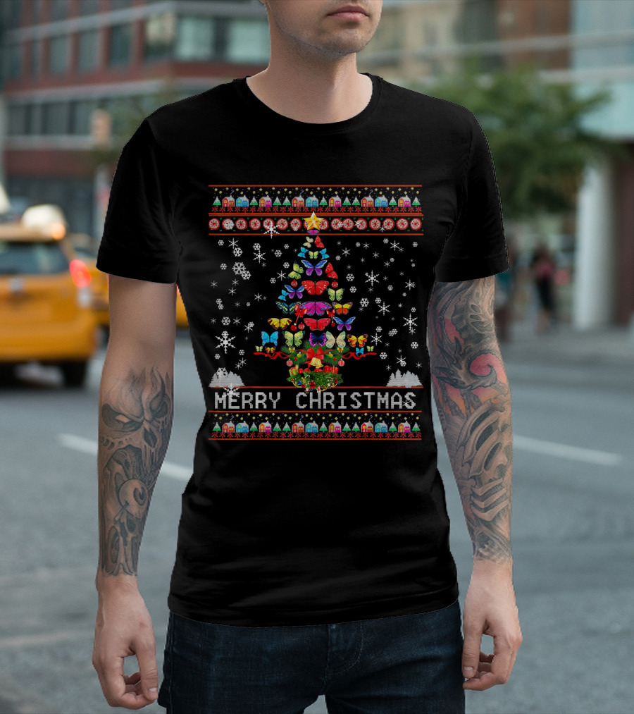 Merry Christmas Tree Butterfly Ugly Sweater Snowflakes Festive T-Shirt