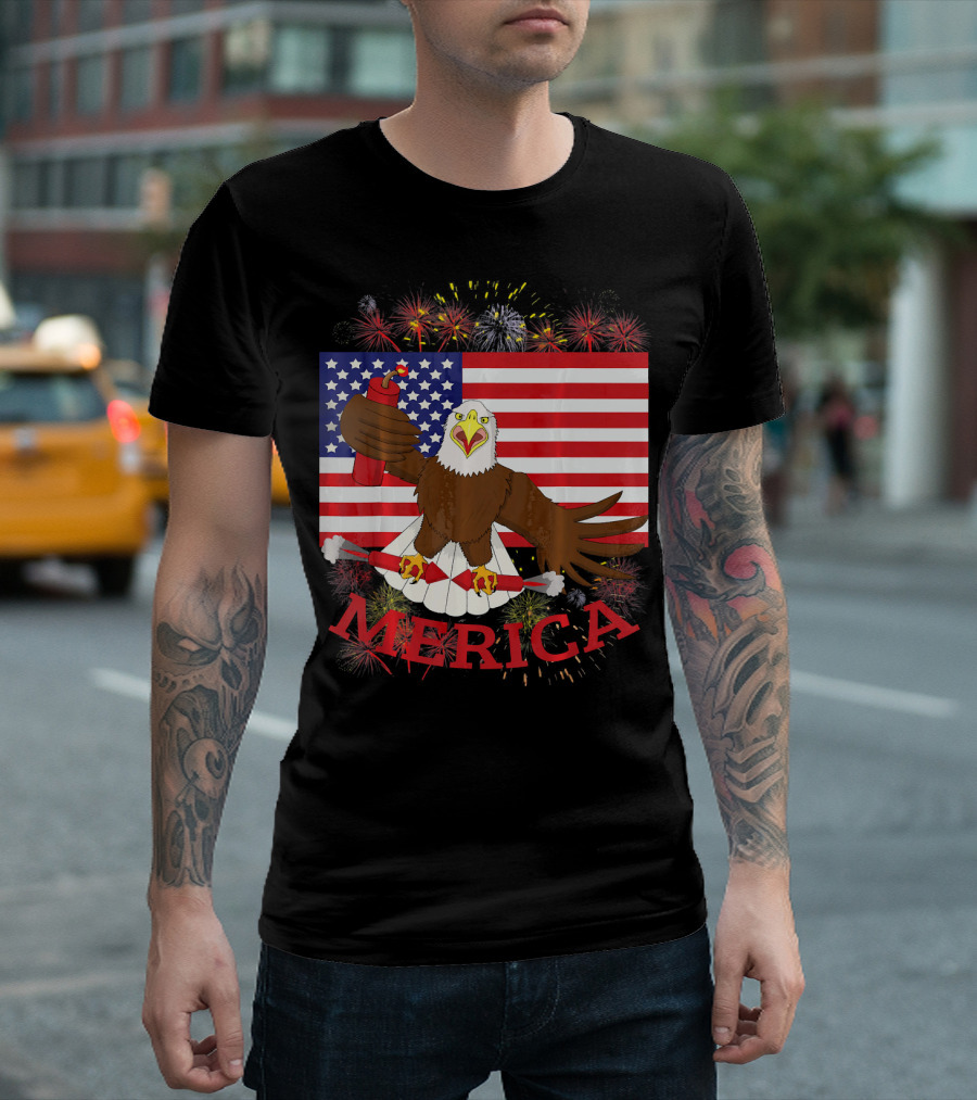 Merica Bald Eagle Fireworks American Flag Patriotic T-Shirt