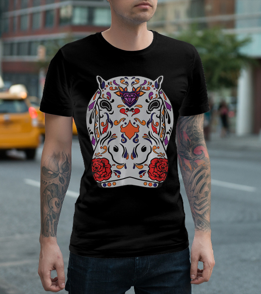 Hippopotamus Sugar Skull Style with Colorful Floral and Geometric T-Shirt