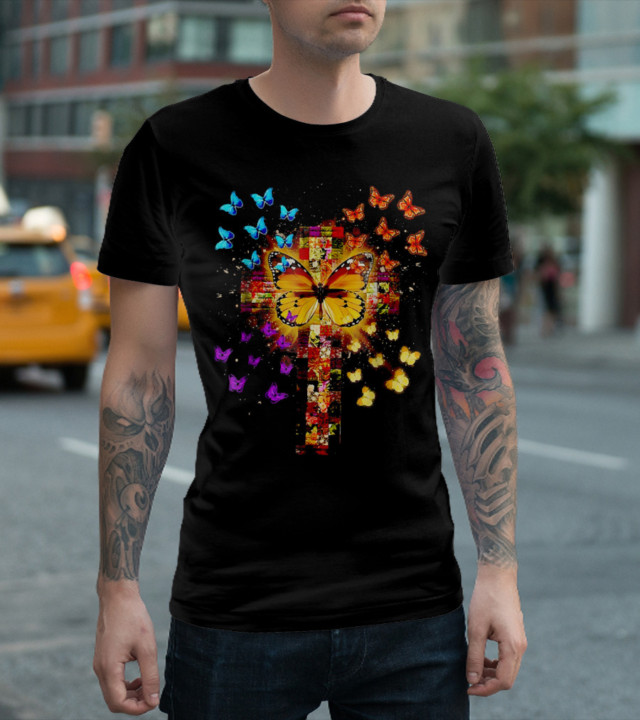 Jesus Butterfly Christian Cross Colorful Transformation T-Shirt