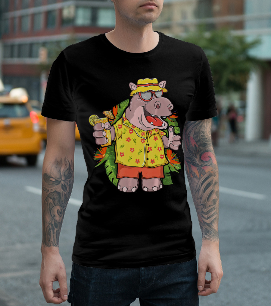 Hippo in Hawaiian Shirt with Sunglasses and Tropical Drink T-Shirt