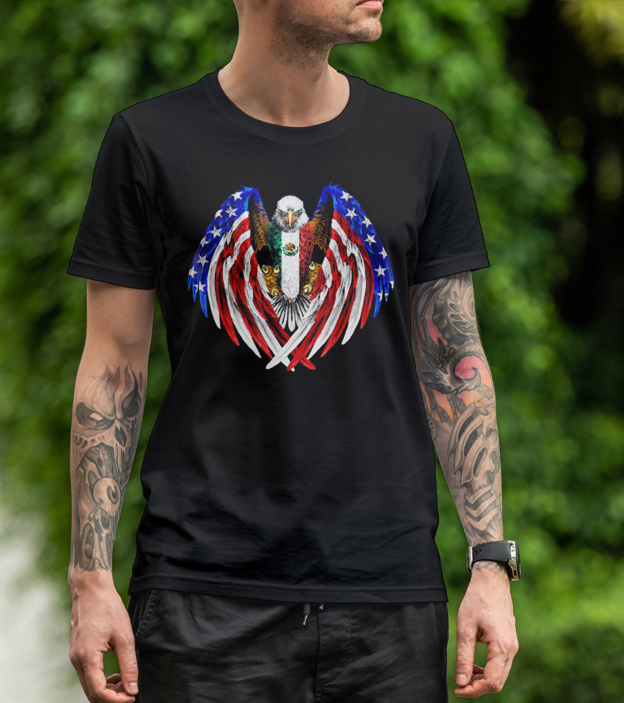 Mexican American Flags Eagle Emblem Mexico USA T-Shirt