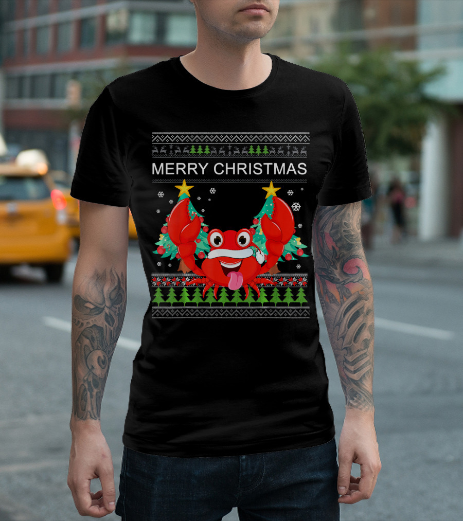 Merry Christmas Crab Funny Ugly Sweater Santa Trees Snowflakes T-Shirt