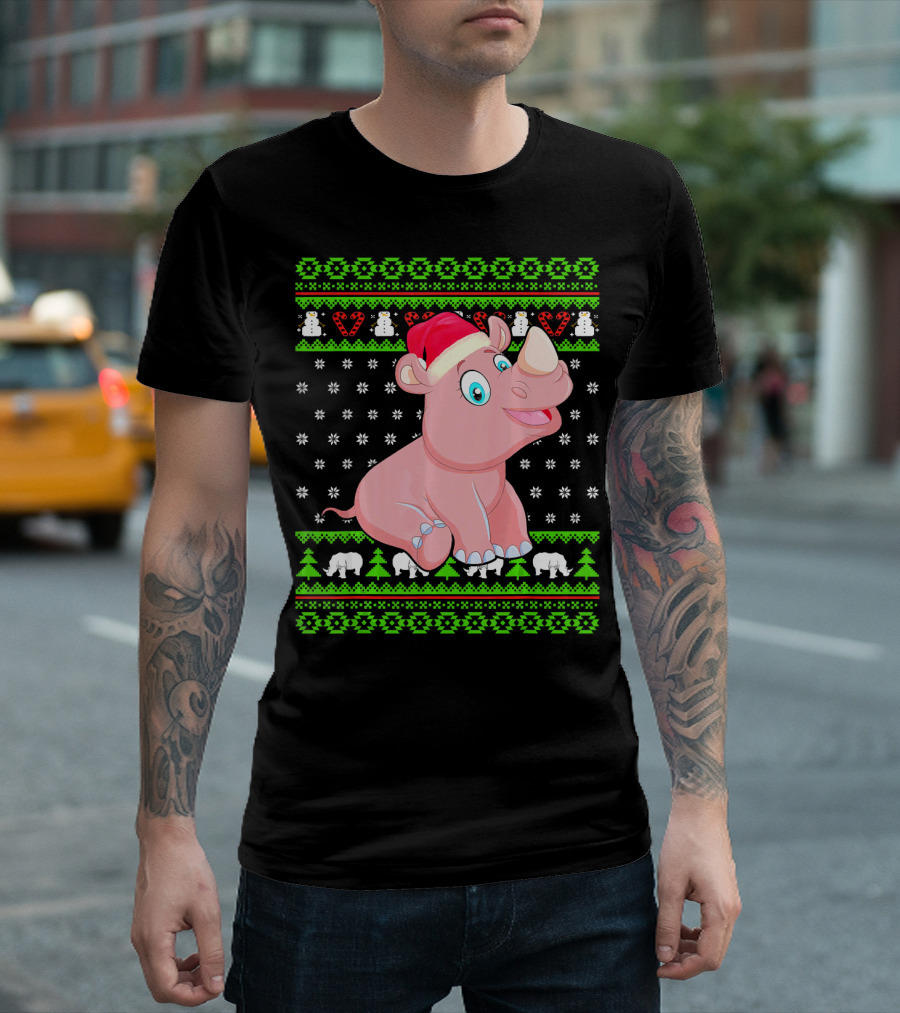 Merry Christmas Santa Rhino Ugly Sweater Pattern Snowflakes Trees Snowmen T-Shirt