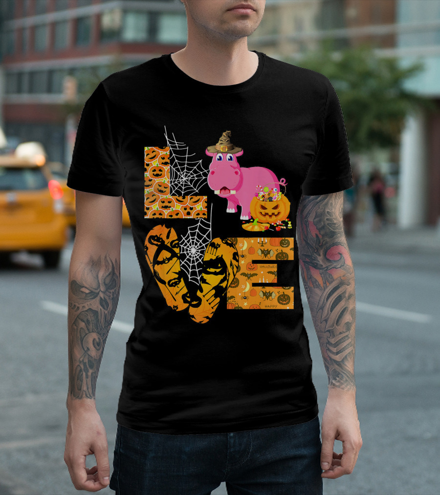 LOVE Halloween Hippopotamus Pumpkin Spiderweb T-Shirt