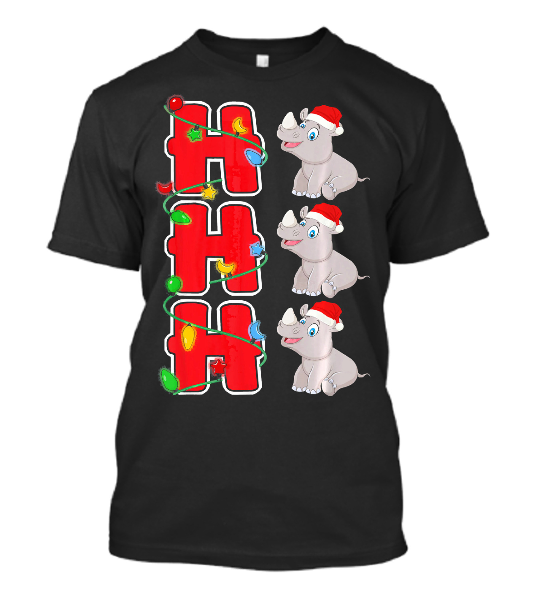 Ho Ho Ho Santa Hat Rhinoceros Christmas Lights T-Shirt