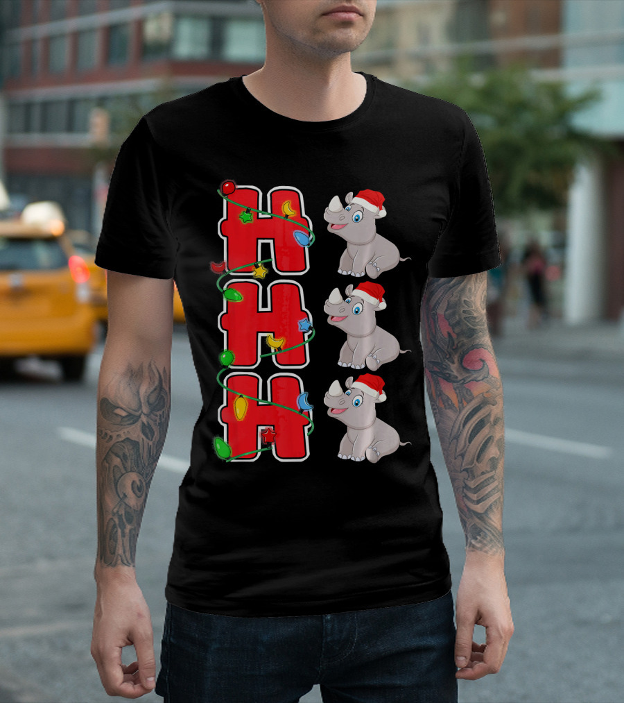 Ho Ho Ho Santa Hat Rhinoceros Christmas Lights T-Shirt