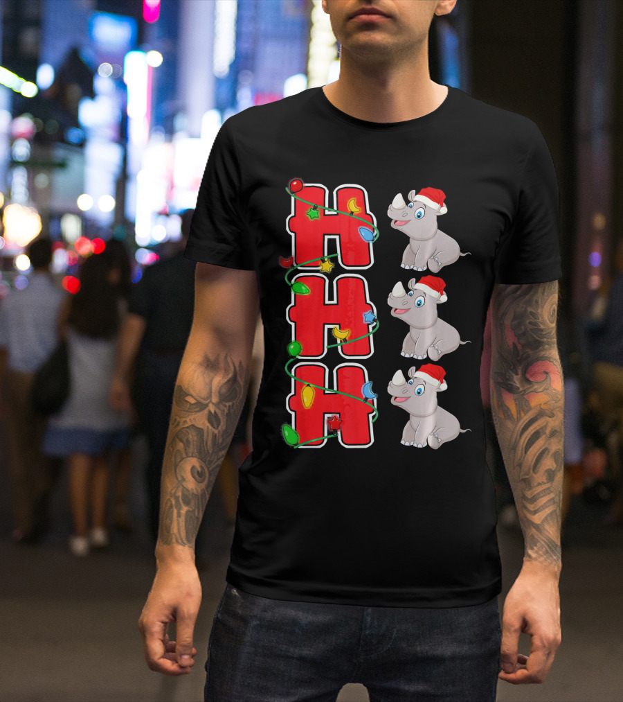Ho Ho Ho Santa Hat Rhinoceros Christmas Lights T-Shirt